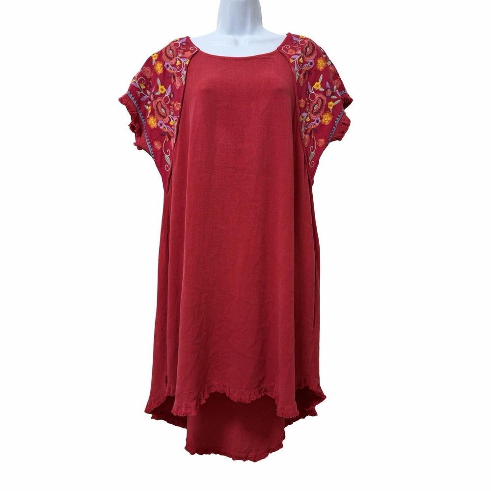 Umgee Embroidered Floral Linen High Low Mini Shift Dress Size L Boho Cottagecore